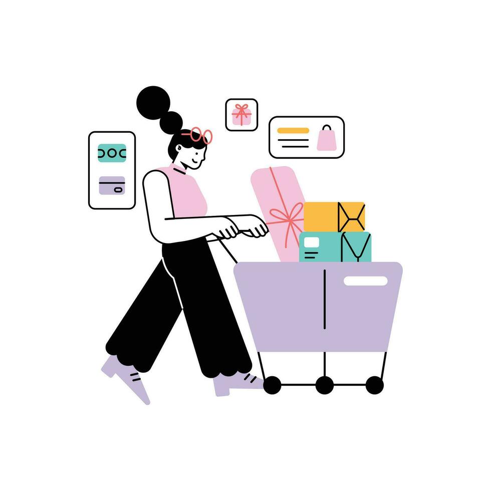 e-commerce concept. vrouw met boodschappen doen kar en dozen. vector illustratie