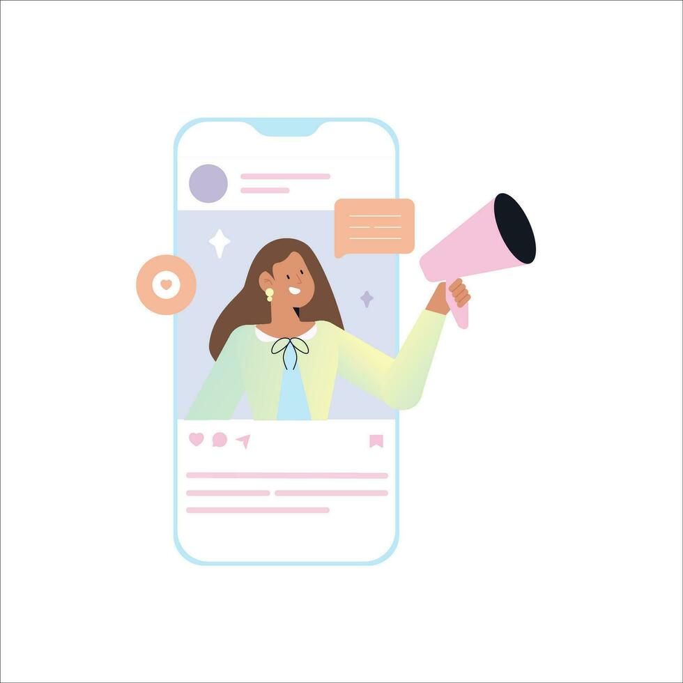 vrouw met megafoon Aan smartphone scherm. vector vlak illustratie.