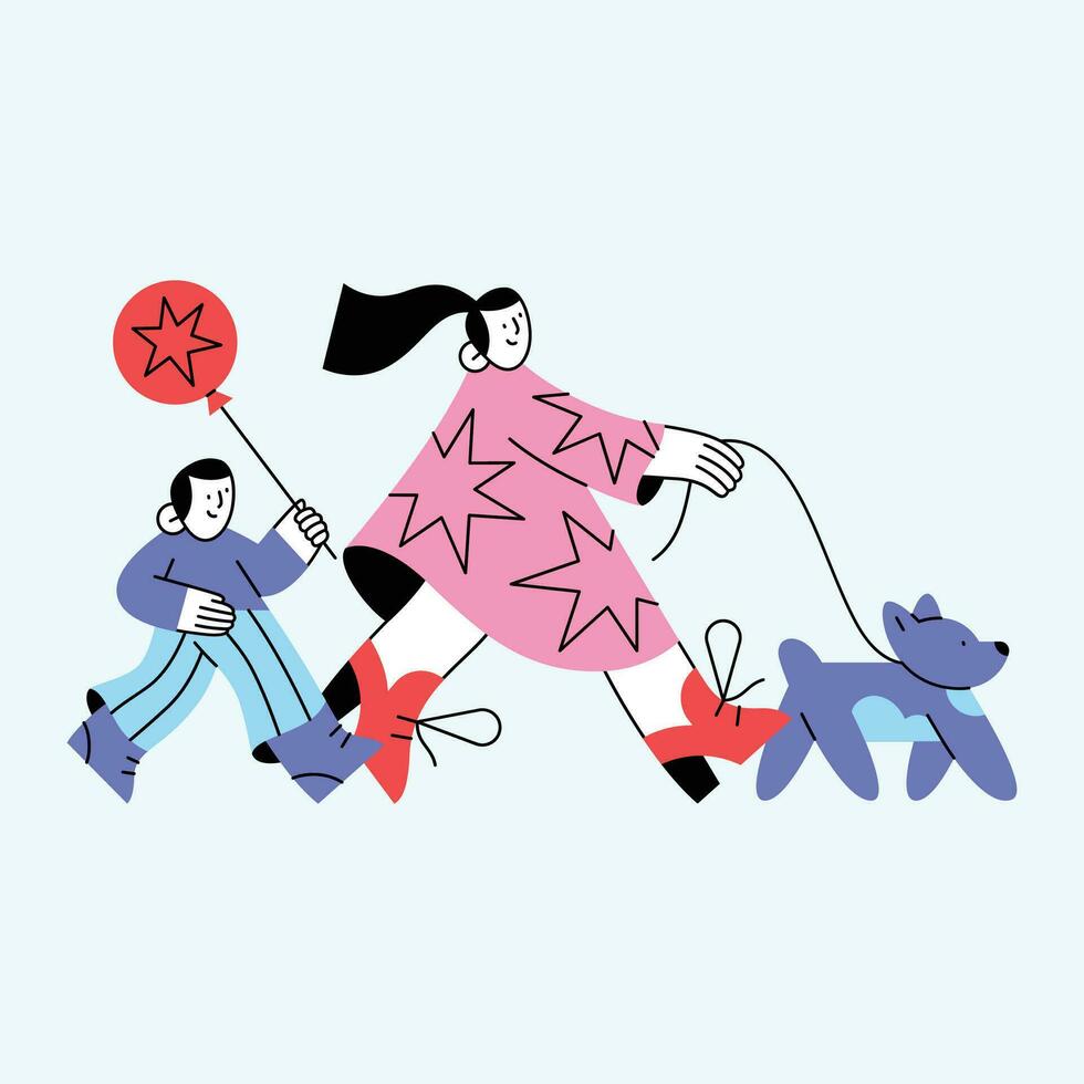 Mens en vrouw met hond. vector illustratie in vlak tekenfilm stijl.