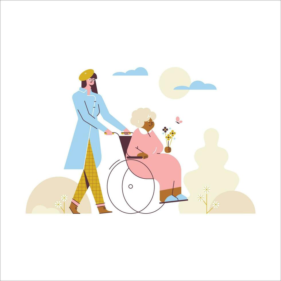 ouderen vrouw in een rolstoel met een verzorger. vector illustratie