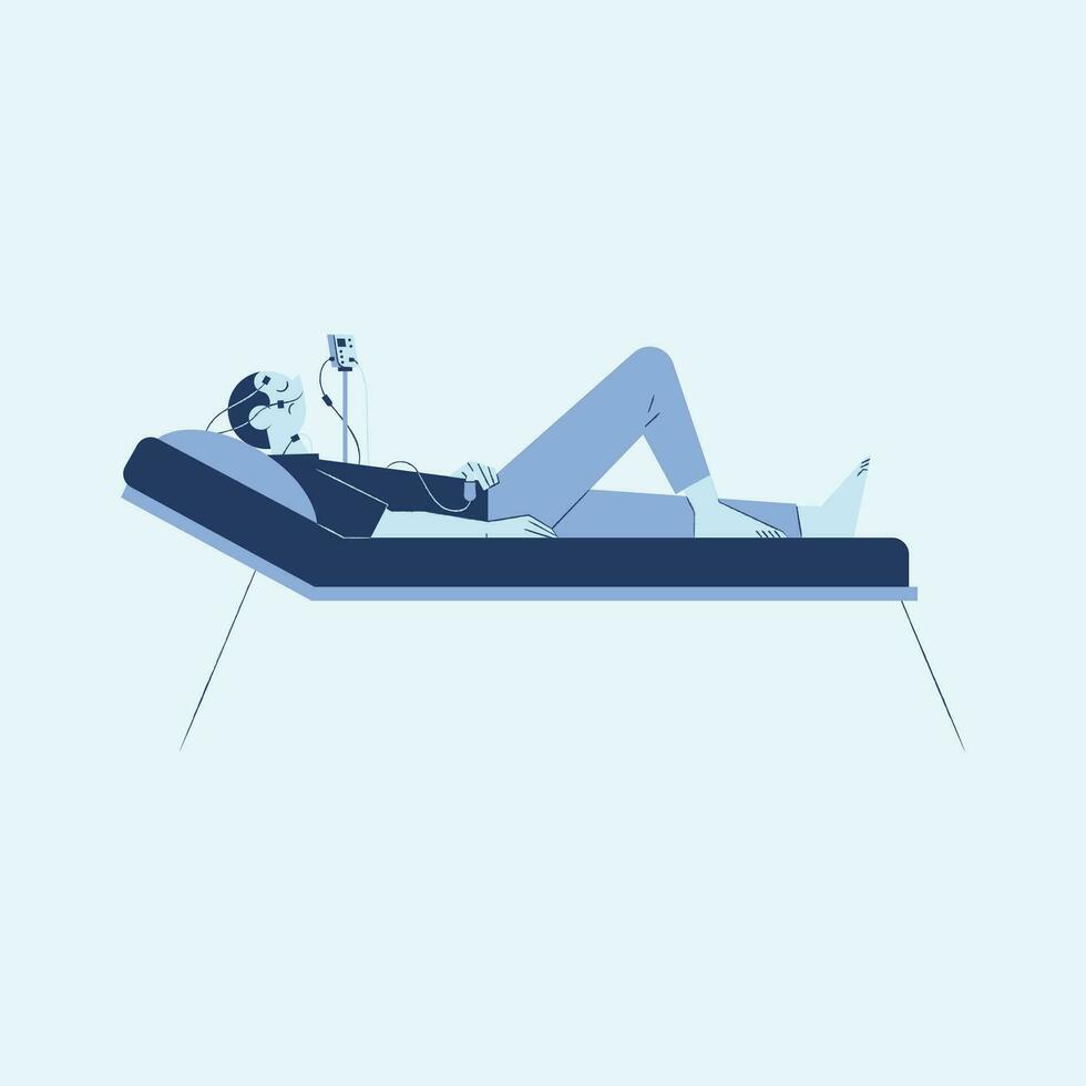 vrouw aan het liegen Aan sofa en luisteren naar muziek. vector illustratie in vlak stijl