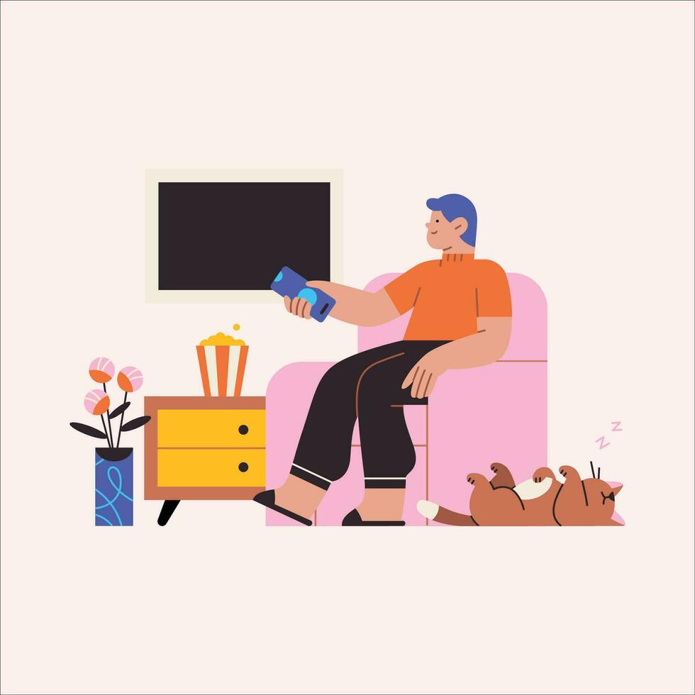 Mens zittend Aan de sofa en aan het kijken TV. vlak stijl vector illustratie.