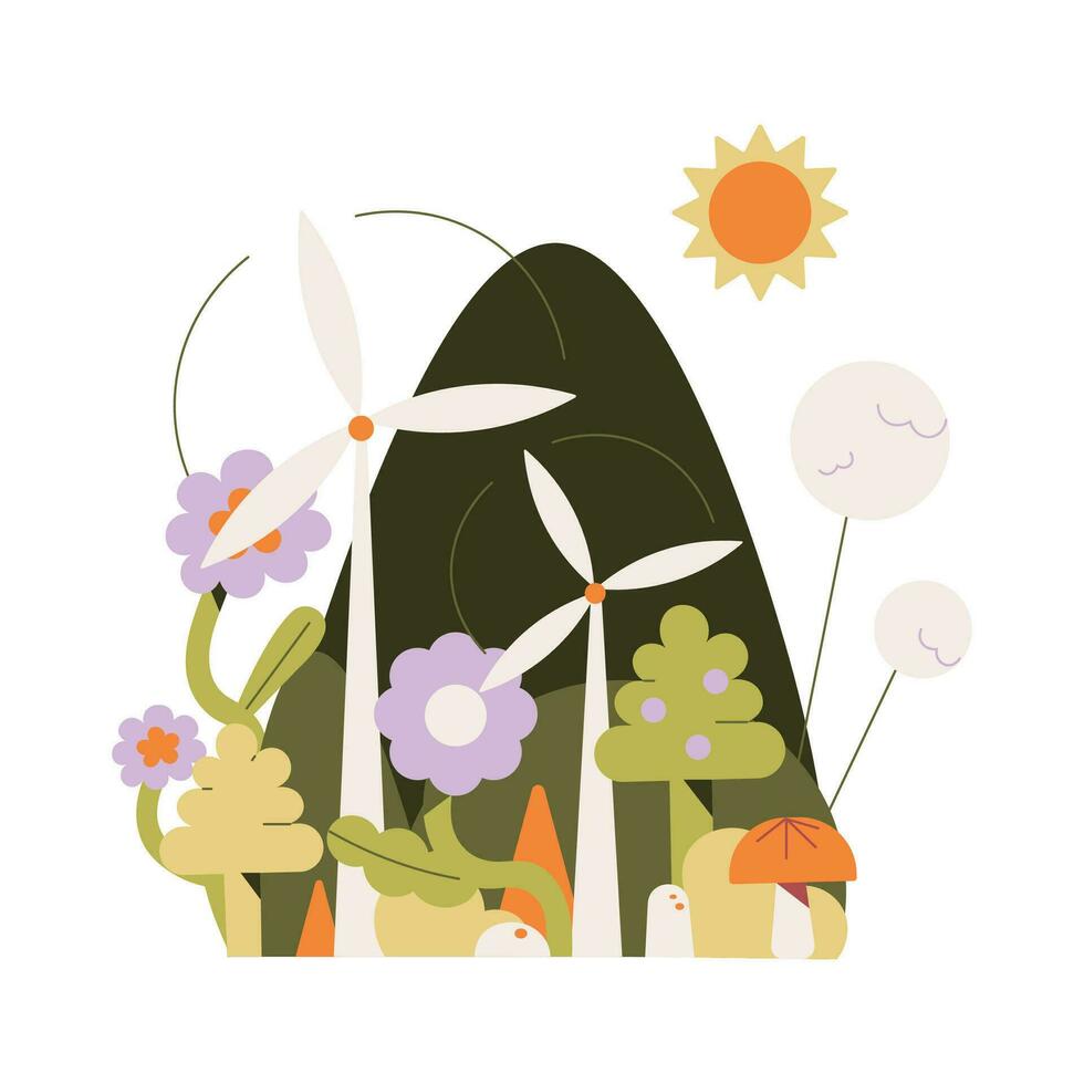 schattig hand- getrokken vector illustratie van een Woud met windmolens en bloemen