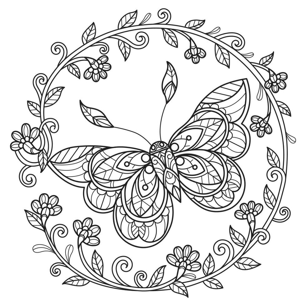 cirkel kader en mooi vlinder hand- getrokken voor volwassen kleur boek vector