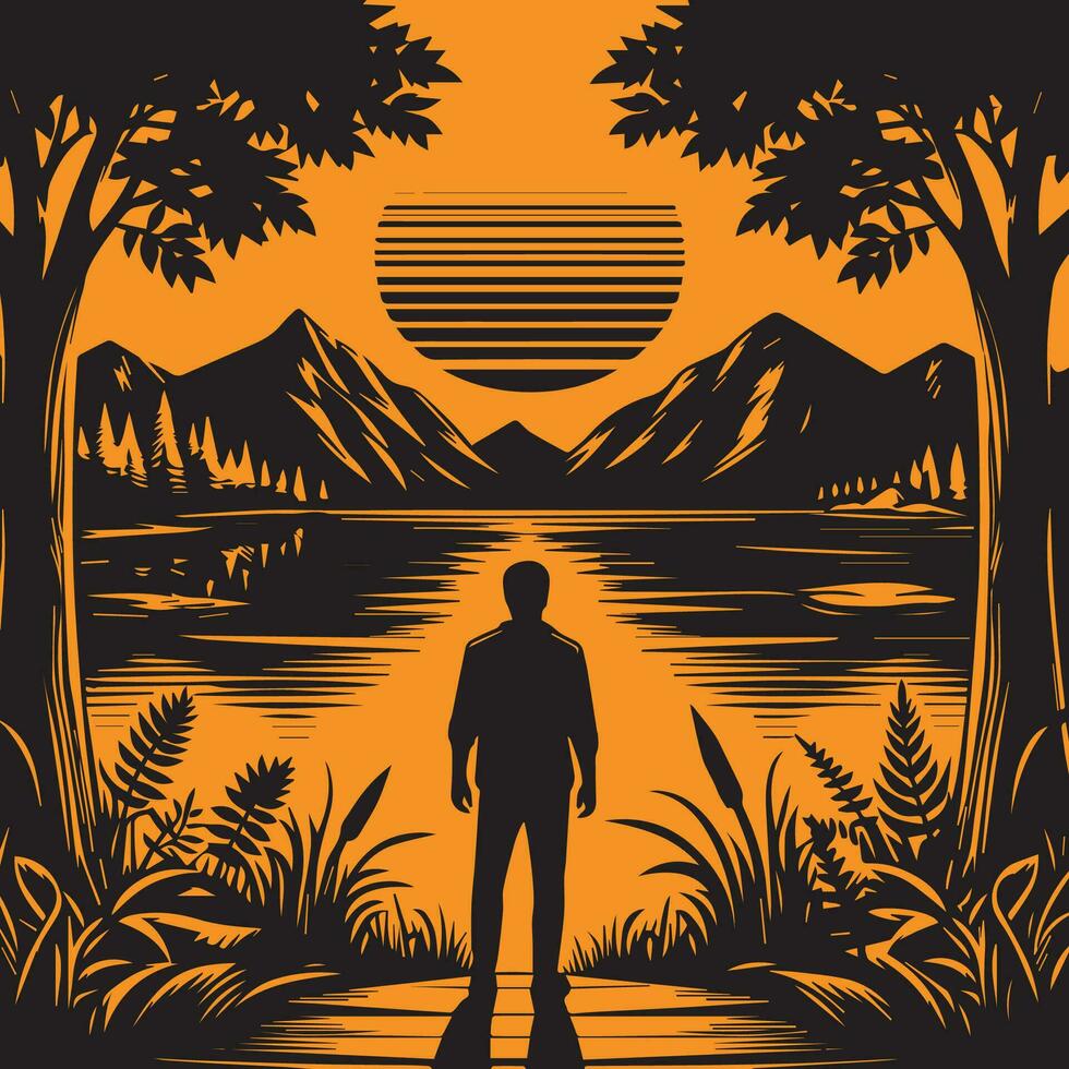een Mens staat in voorkant van een vijver, en in de omgeving van de vijver berg visie vector