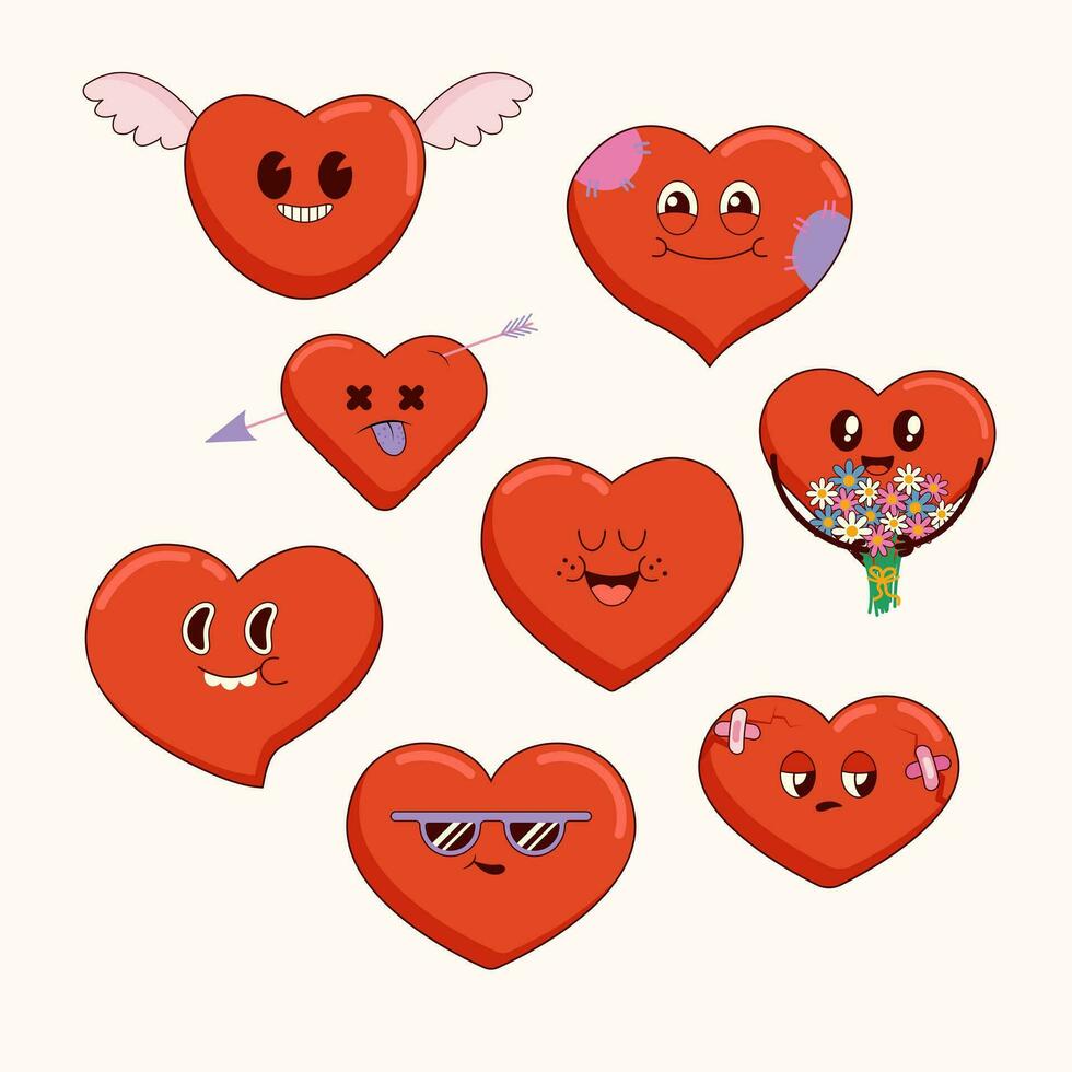 gelukkig valentijnsdag dag retro verzameling harten. tekenfilm mascotte tekens in groovy stijl. liefde sticker reeks vector