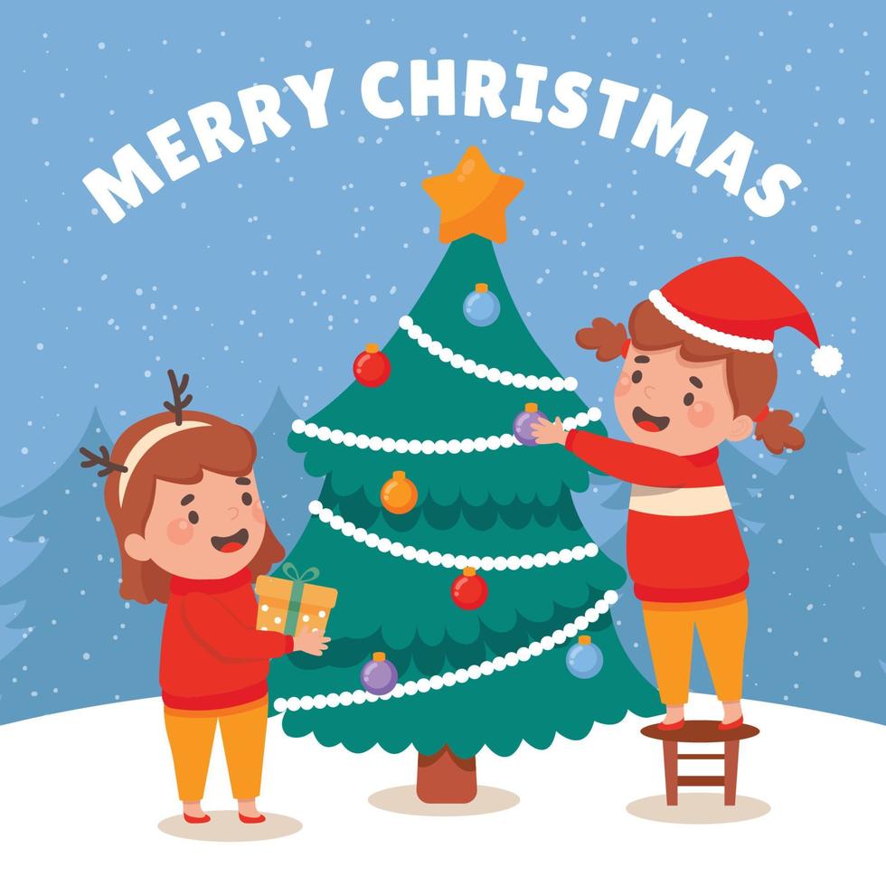 twee kleine kinderen die een kerstboom versieren vector