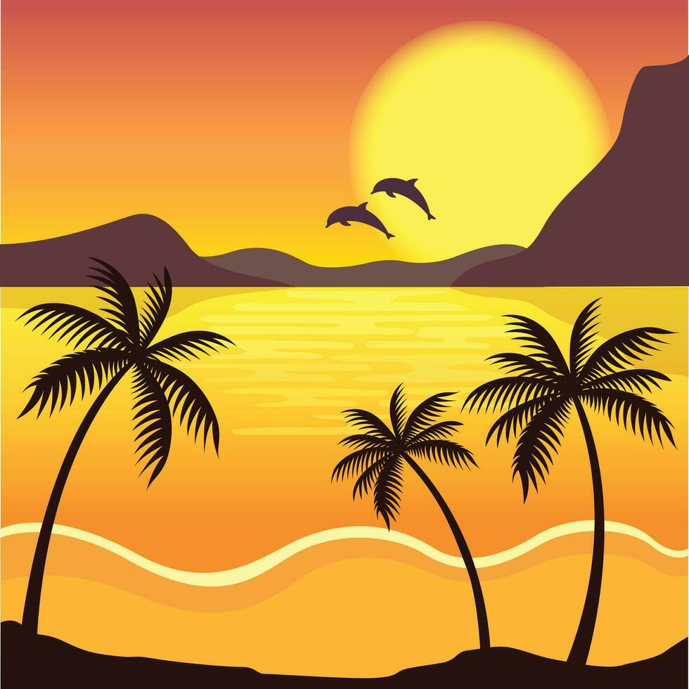 helling strand zonsondergang landschap met palm boom achtergrond vector