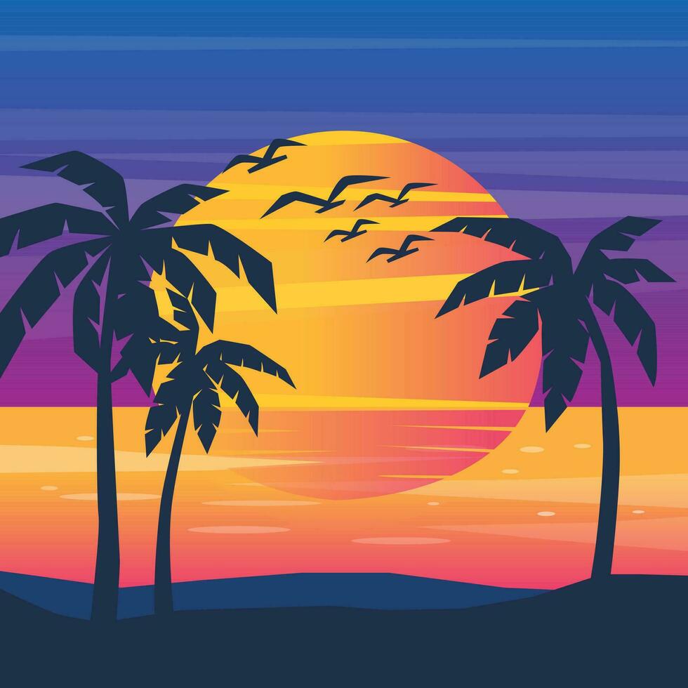 helling strand zonsondergang landschap met palm boom achtergrond vector