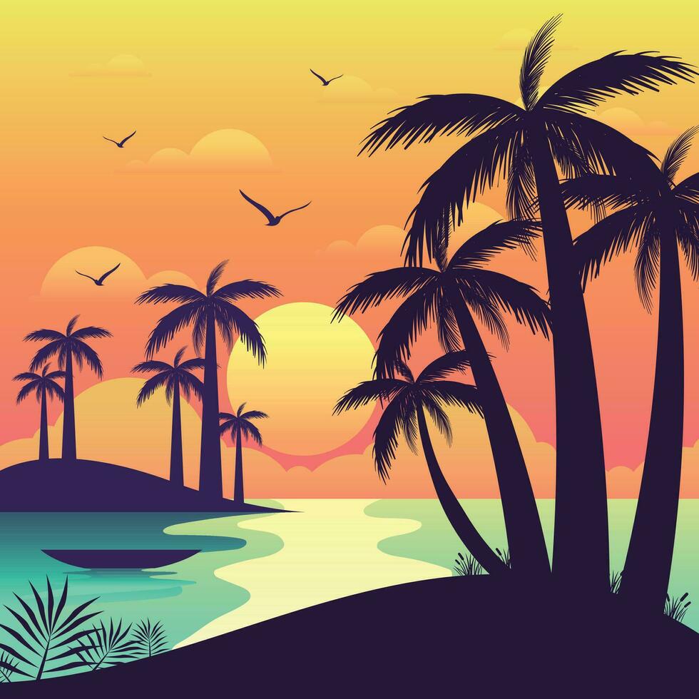 helling strand zonsondergang landschap met palm boom achtergrond vector