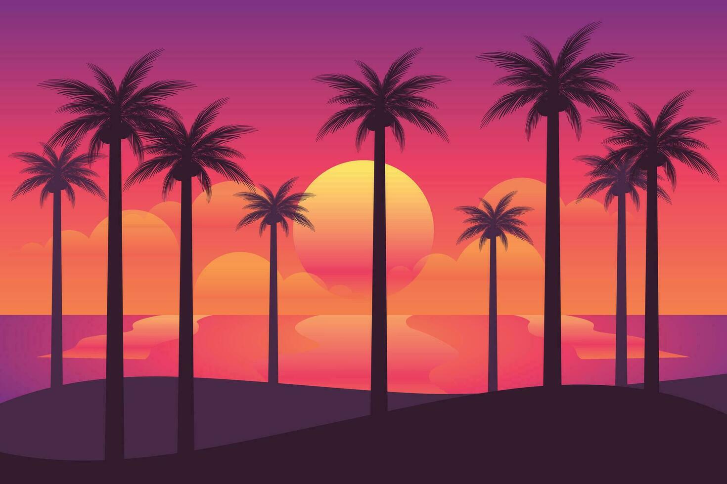 helling strand zonsondergang landschap met palm boom achtergrond vector