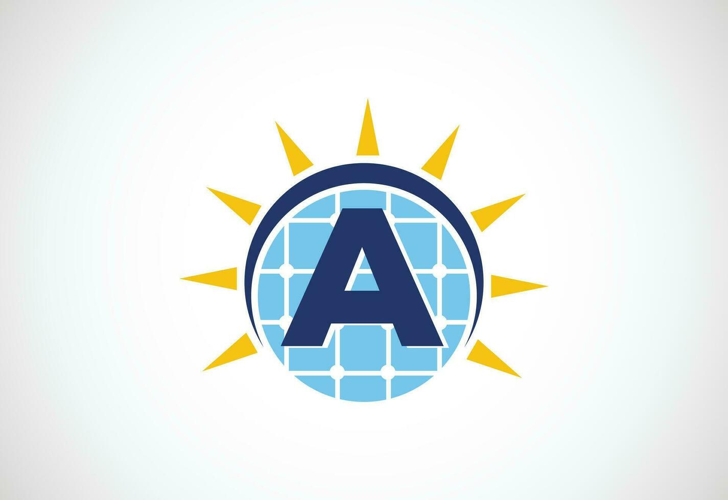 Engels alfabet een met zonne- paneel en zon teken. zon zonne- energie logo vector illustratie