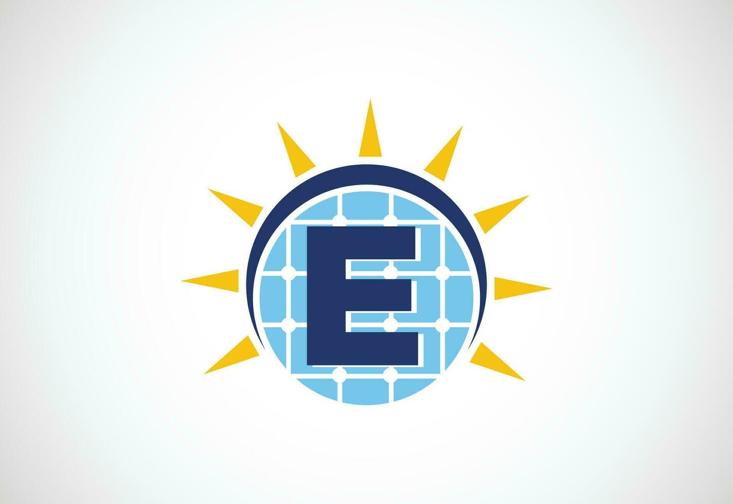 Engels alfabet e met zonne- paneel en zon teken. zon zonne- energie logo vector illustratie