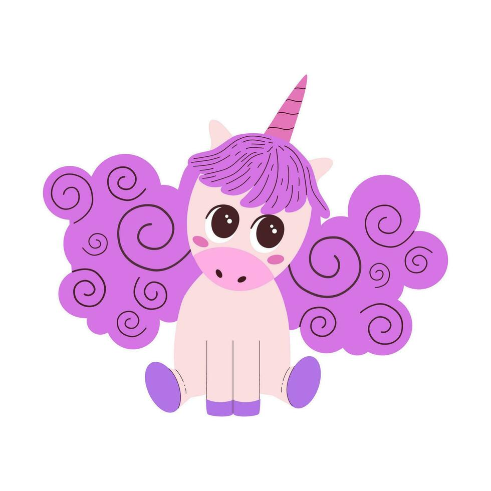 schattig kawaii Purper eenhoorn karakter in vlak stijl geïsoleerd Aan wit achtergrond. fee verhaal Woud magisch dier met magie toeter in Purper roze palet, voor kinderen ontwerpen en ansichtkaarten. vector