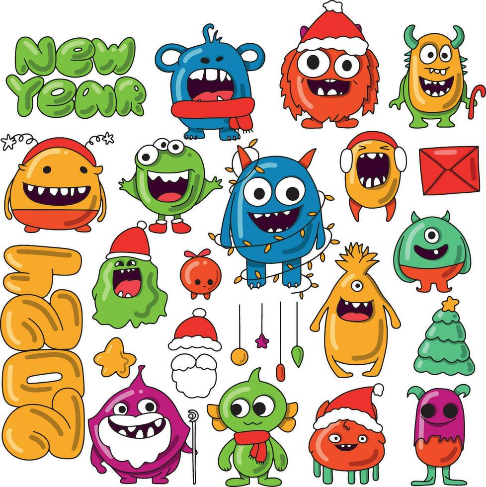groot nieuw jaar set. kleurrijk grappig monsters in nieuw jaar kostuums. reeks van afbeeldingen van grappig veelkleurig onbekend dieren vector