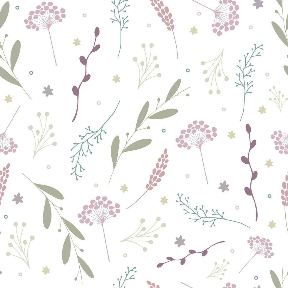 pastel gekleurde botanisch naadloos patroon. bloemen, bladeren en takken Aan wit achtergrond. vector illustratie
