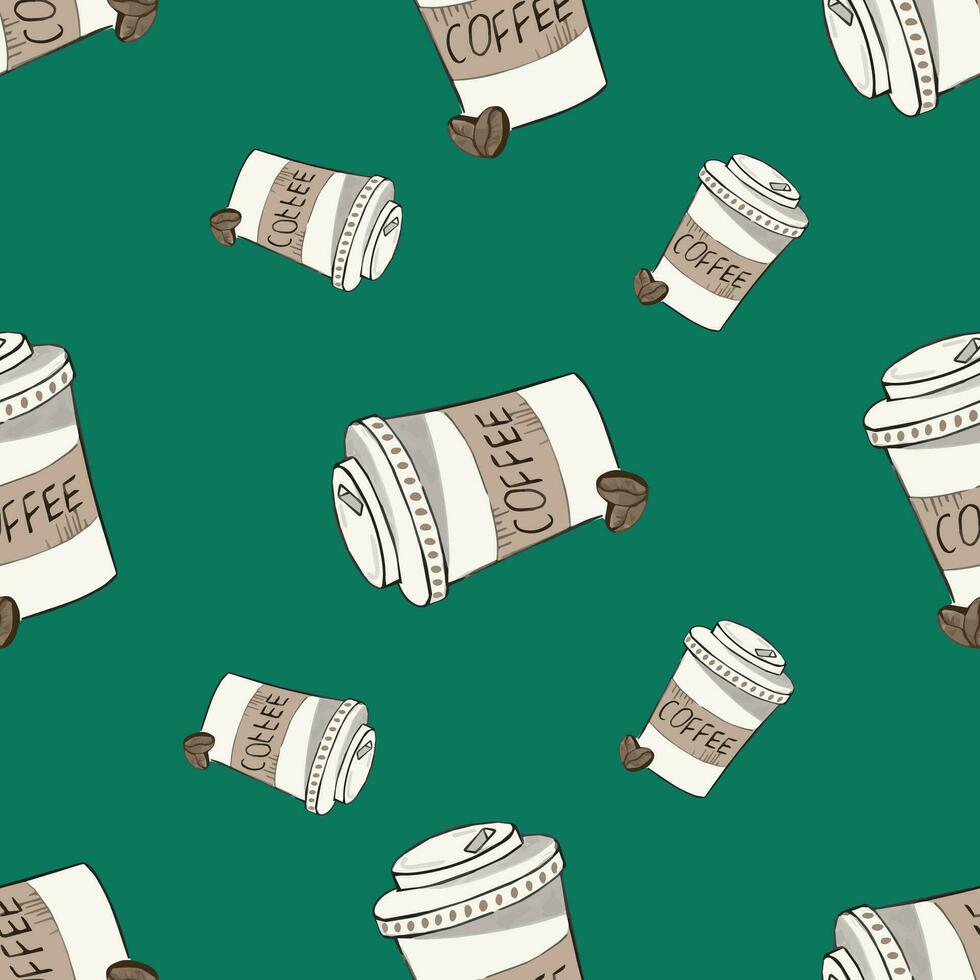 naadloos patroon met meenemen papier koffie cups Aan groen achtergrond. voor omhulsel papier, behang, textiel vector