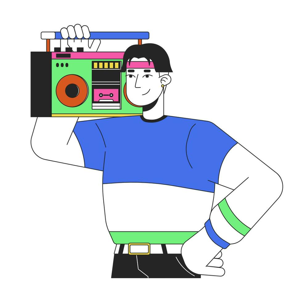 koel Koreaans jongen Holding boombox Aan schouder 2d lineair tekenfilm karakter. hoofdband jong Aziatisch Mens geïsoleerd lijn vector persoon wit achtergrond. 80s nostalgie muziek- kleur vlak plek illustratie