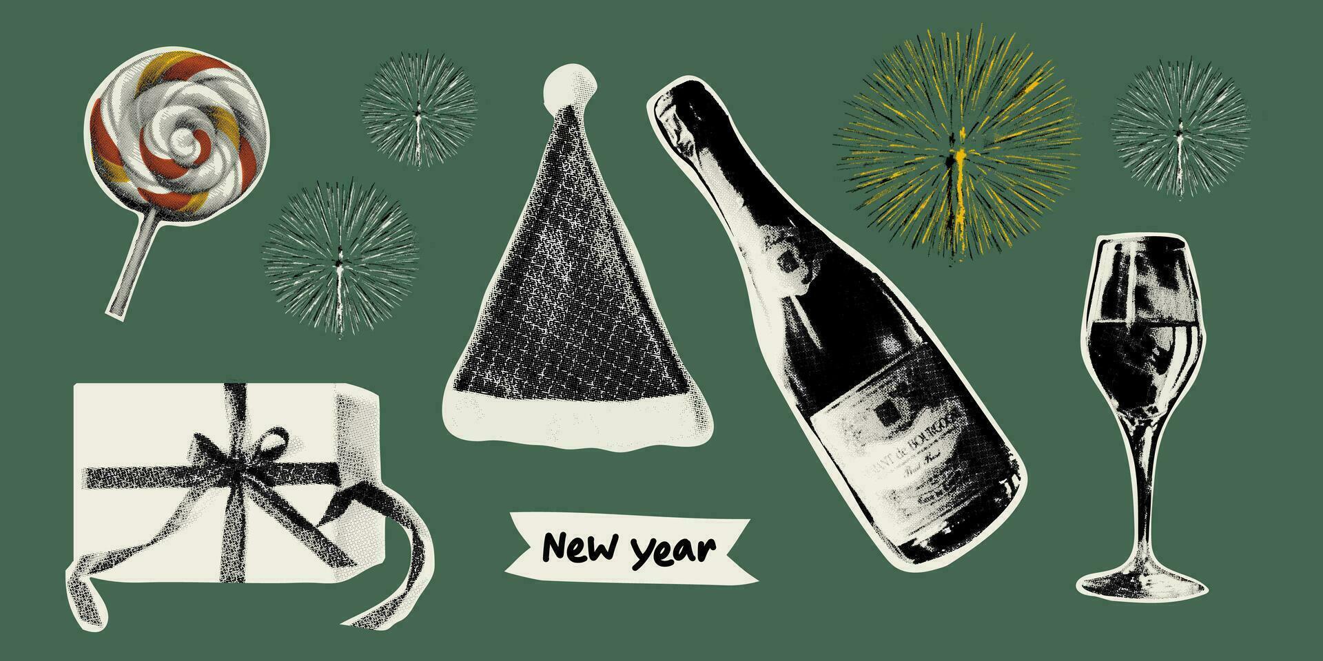 collage ontwerp elementen in modieus stippel knal kunst stijl. Kerstmis en nieuw jaar stickers in een modieus halftone stijl, inclusief Champagne, wijn glas, geschenk doos, de kerstman hoed, Kerstmis snoep en vuurwerk. vector