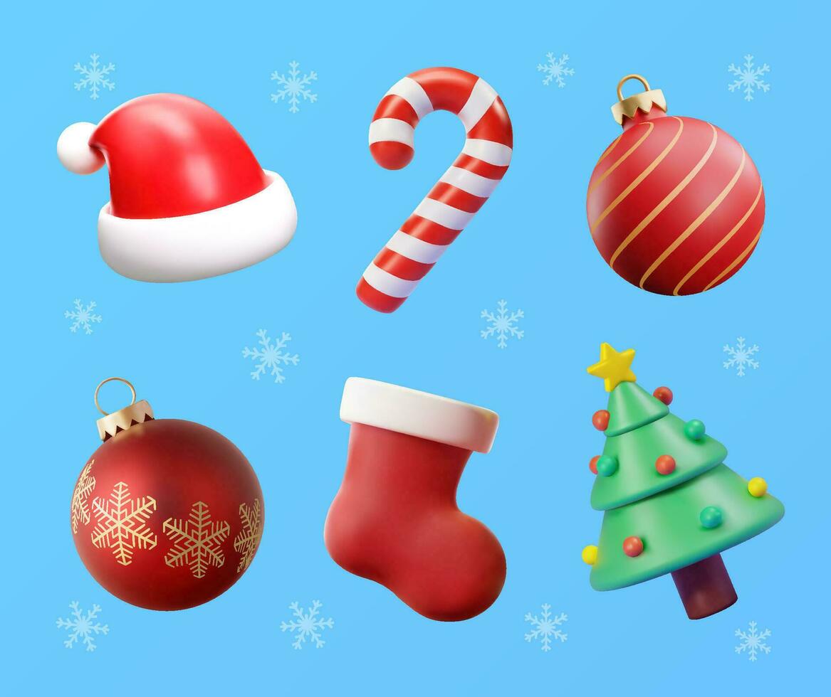 3d Kerstmis pictogrammen set. Kerstmis 3d vector voorwerpen verzameling. Kerstmis boom, de kerstman hoed, Kerstmis ornament bal, snoep riet, kous. decoratie elementen voor groet kaarten en spandoeken.