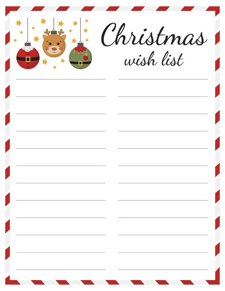 Kerstmis verlanglijst wens lijst voor Kerstmis cadeaus met schattig vakantie ornament. geschenk lijst. vector sjabloon.
