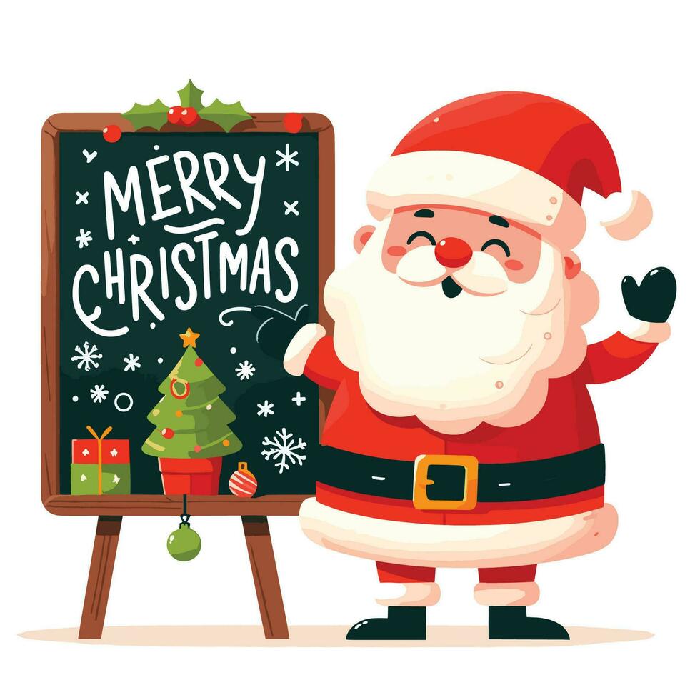 vrolijk hand- getrokken vlak de kerstman met vrolijk Kerstmis geschreven Aan bord vector illustraties Aan wit achtergrond