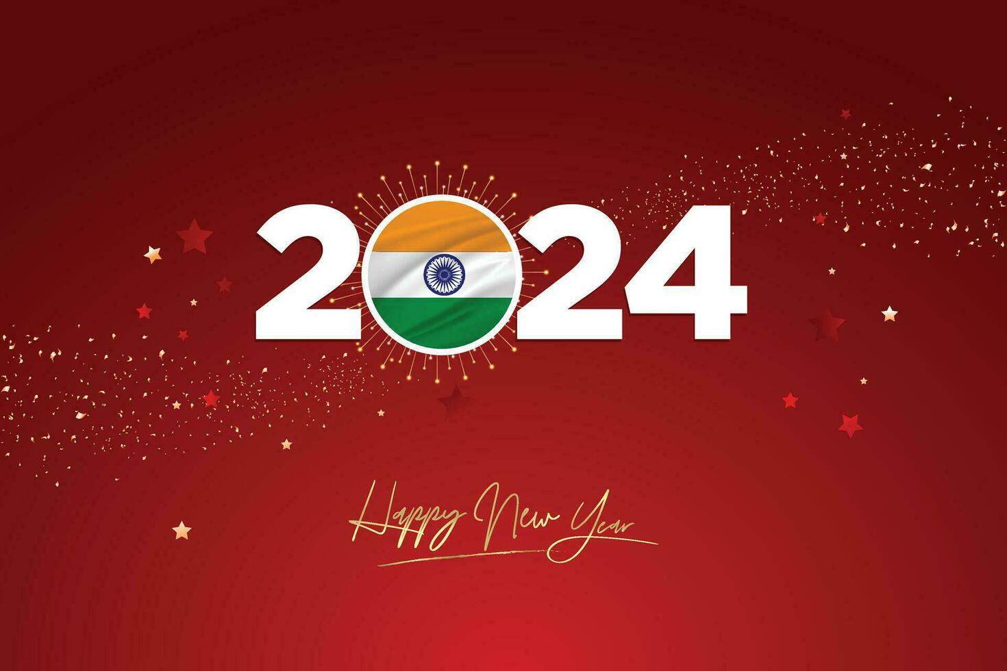 kleurrijk gelukkig nieuw jaar festival ontwerp banier, nieuw jaar 2024 logo met Indisch vlag Aan rood-kastanjebruin confetti en ster achtergrond, kalender 2024, sociaal media nieuw jaar banier, post kaart, groeten vector