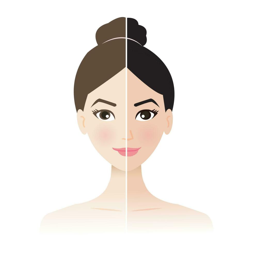 vergelijking van twee huid tonen Aan vrouw vector geïsoleerd Aan wit achtergrond. de vrouw met twee huid toon schaal fototype melanine en haar- kleur melanine. huid zorg en schoonheid concept illustratie.