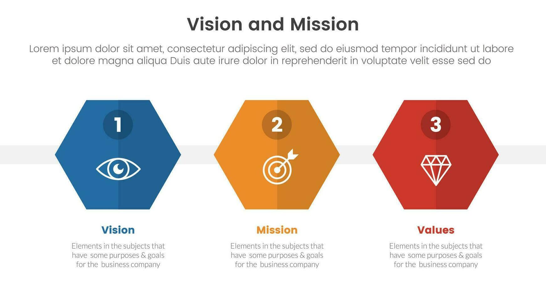 bedrijf visie missie en waarden analyse gereedschap kader infographic met honingraat vorm 3 punt stadia concept voor glijbaan presentatie vector
