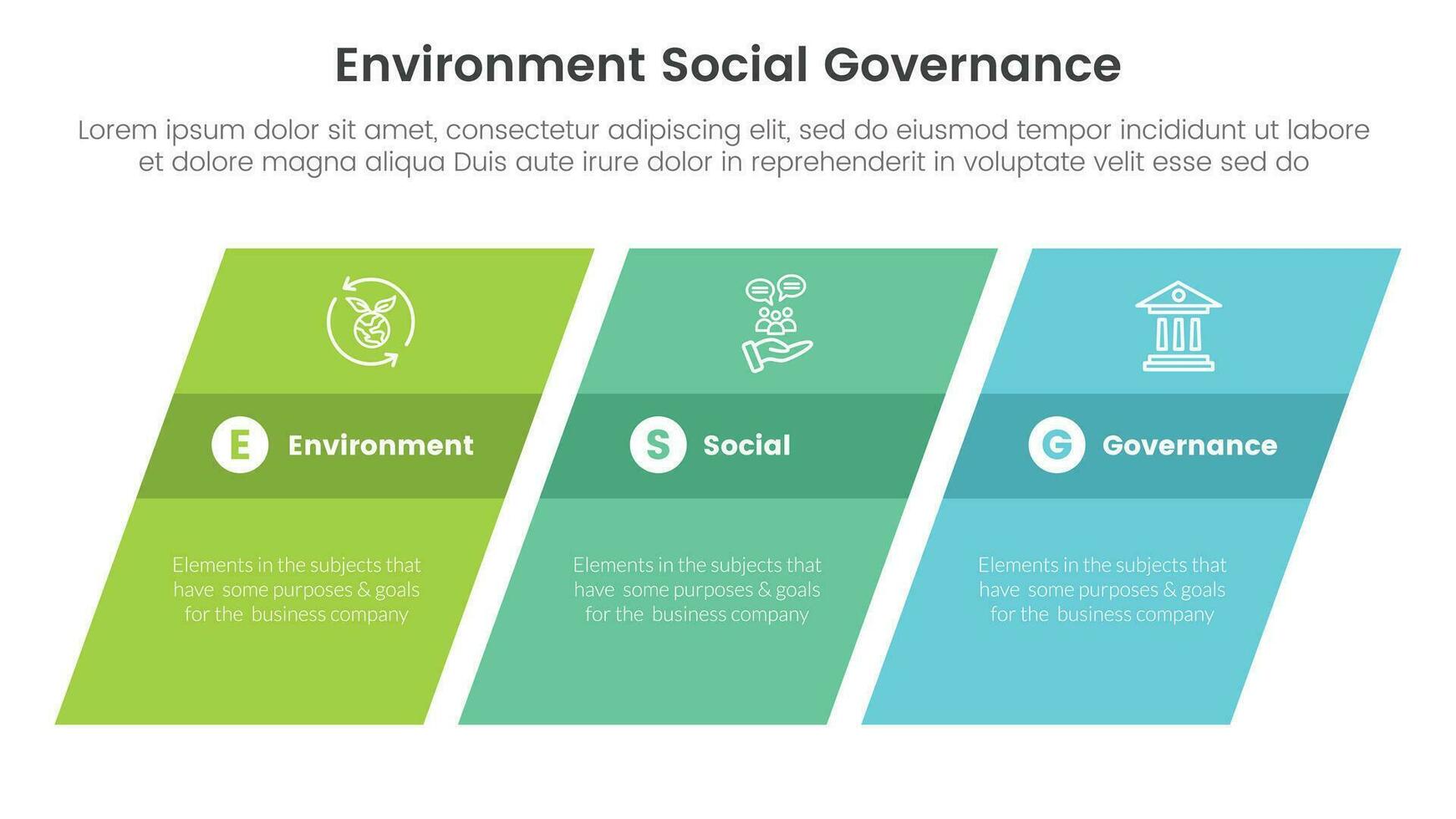 esg milieu sociaal en bestuur infographic 3 punt stadium sjabloon met rechthoek scheef of scheef concept voor glijbaan presentatie vector