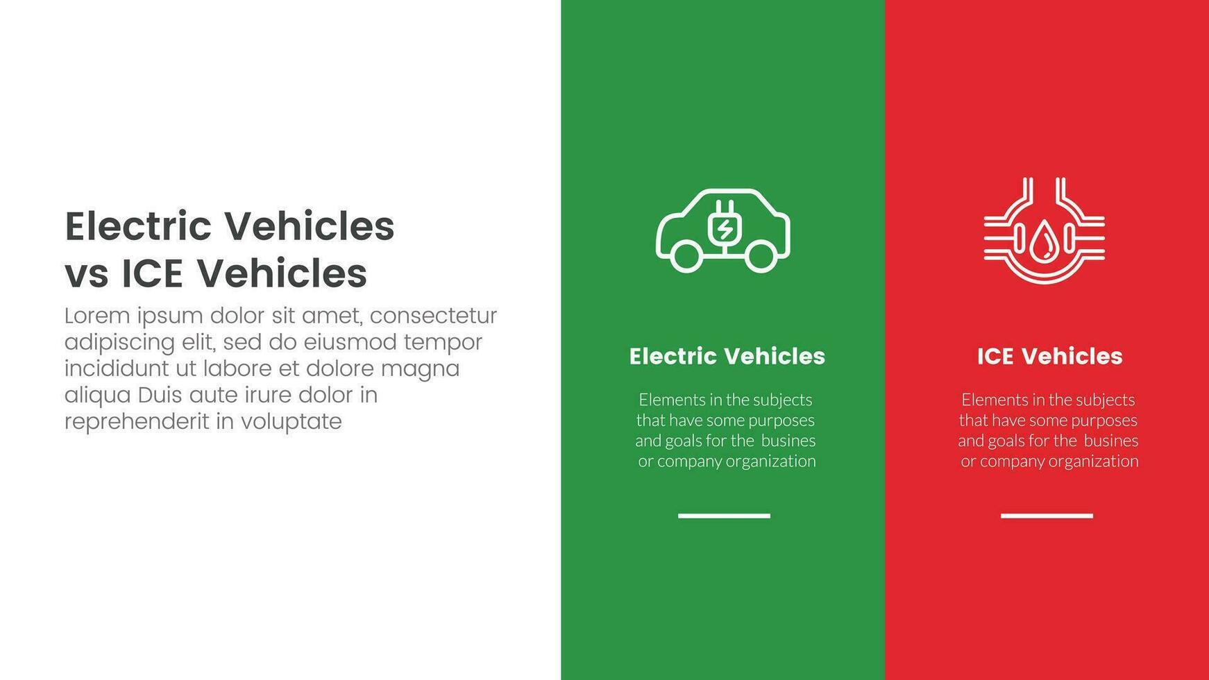 ev vs ijs elektrisch voertuig vergelijking concept voor infographic sjabloon banier met groot kolom banier Aan Rechtsaf lay-out met twee punt lijst informatie vector