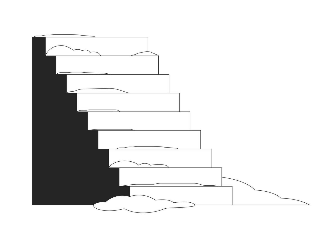 glad buitenshuis trap na sneeuw zwart en wit 2d lijn tekenfilm voorwerp. ijzig stappen in winter geïsoleerd vector schets item. sneeuw gedekt trappenhuis wintertijd monochromatisch vlak plek illustratie