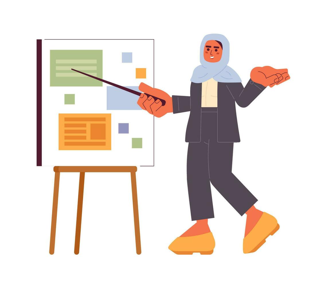 moslim kantoor arbeider geven presentatie tekenfilm vlak illustratie. hijab werknemer richten stok 2d karakter geïsoleerd Aan wit achtergrond. vrouw presentator conferentie tafereel vector kleur beeld