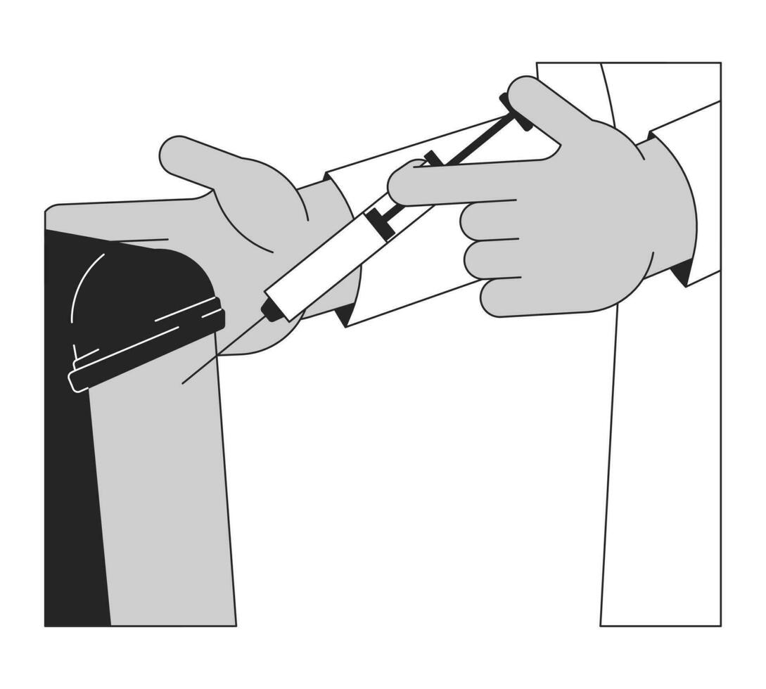 krijgen uw griep schot zwart en wit 2d lijn tekenfilm handen detailopname. geduldig vaccinatie geïsoleerd vector schets armen dichtbij omhoog. deltaspier injectie vaccin. immunisatie monochromatisch vlak plek illustratie
