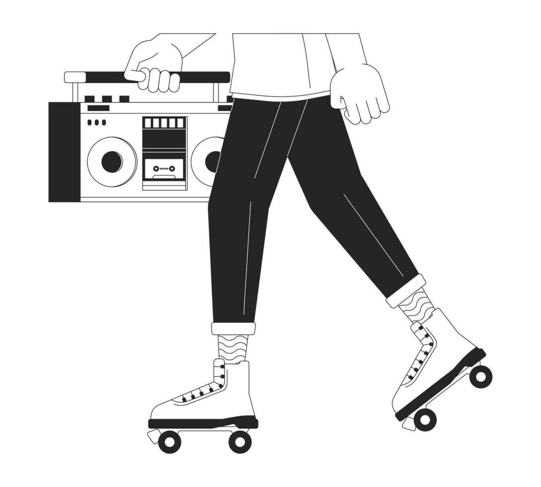 mannetje rol schaatser Holding boombox zwart en wit 2d lijn tekenfilm poten detailopname. 80s Kaukasisch Mens geïsoleerd vector schets handen dichtbij omhoog. rolschaatsen met audio monochromatisch vlak plek illustratie