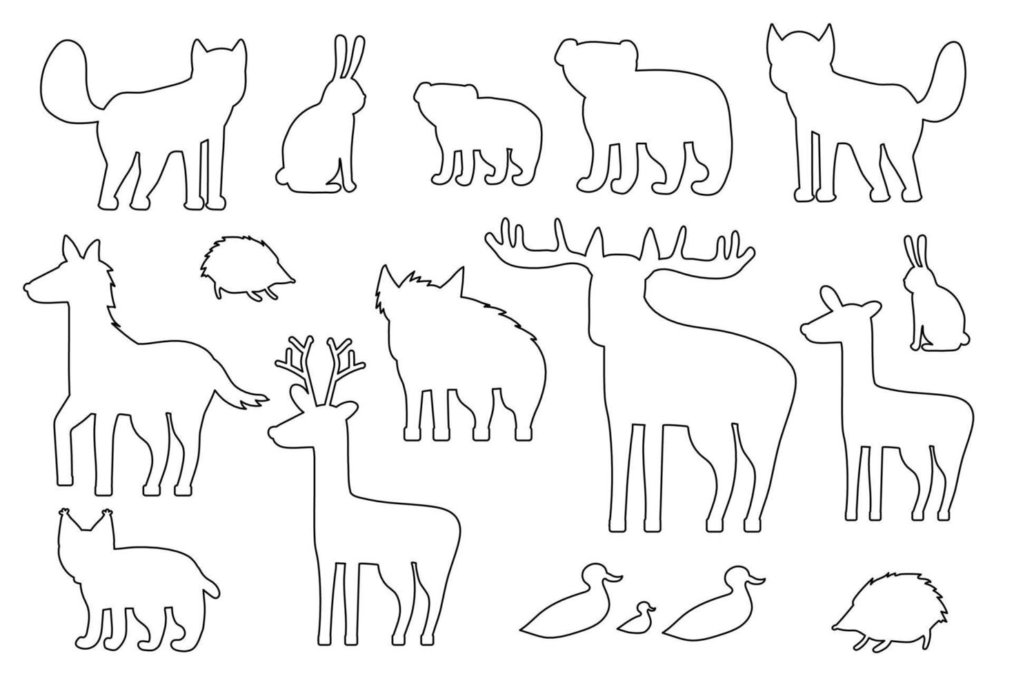 set van zwart wit silhouet bos dieren. tekenfilm geïsoleerde vector vos, wolf, beer, berenwelp, eland, hert, damhert, egel, haas, eend, eendje, lynx, paard, wild zwijn