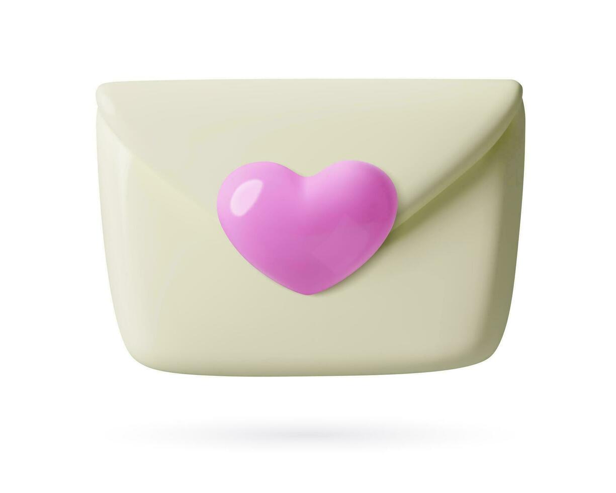 3d liefde brief met roze hart. Valentijnsdag dag en februari 14 tekenfilm plastic drie dimensionaal Gesloten envelop icoon Aan wit achtergrond. vector