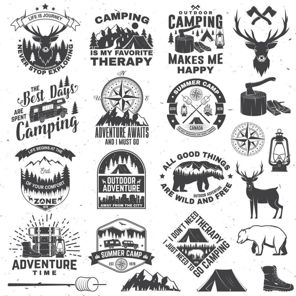 reeks van buitenshuis avontuur citaten symbool. vector. concept voor overhemd of logo, afdrukken, stempel, tee. wijnoogst ontwerp met wandelen laarzen, camping tent, lantaarn, bijl, bergen, beer, hert, Woud silhouet vector