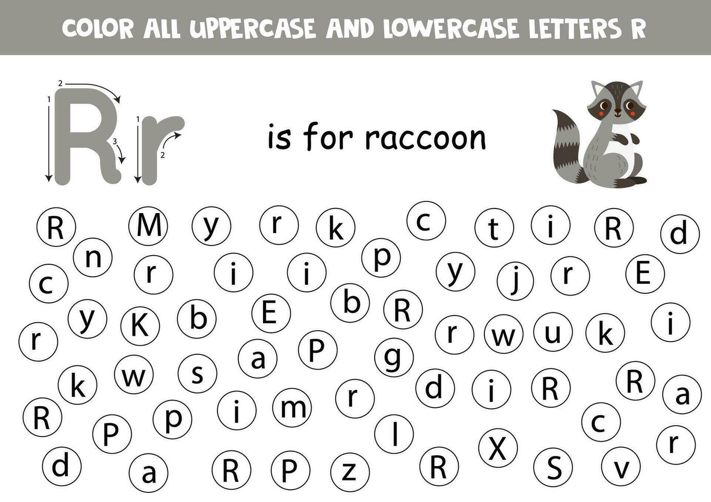 vind en punt allemaal brieven r. leerzaam werkblad voor aan het leren alfabet. schattig wasbeer. vector