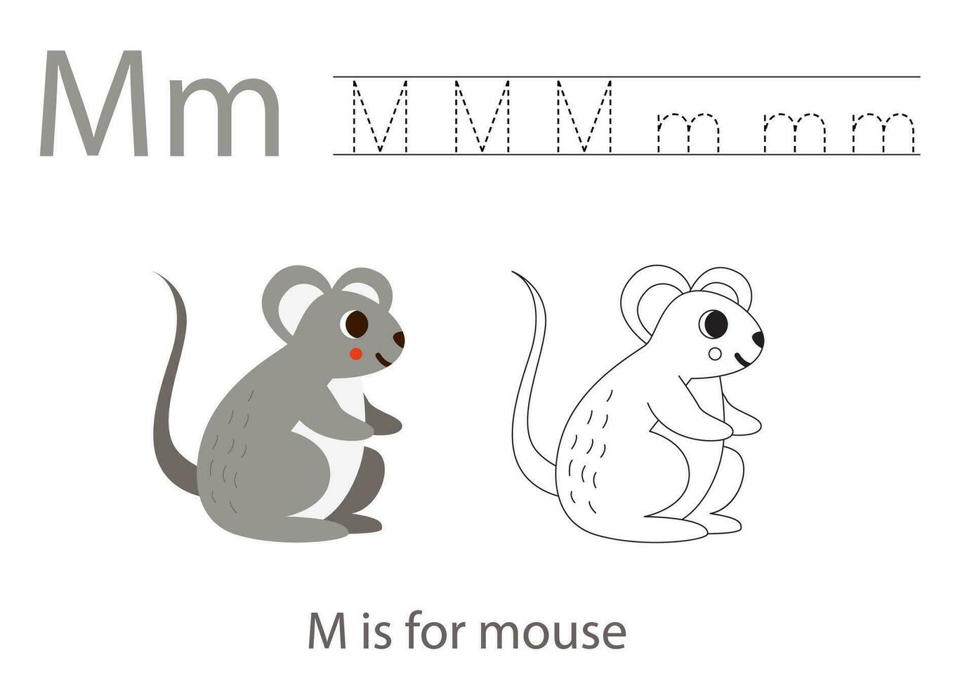 traceren alfabet brieven met schattig dieren. kleur schattig muis. spoor brief m. vector