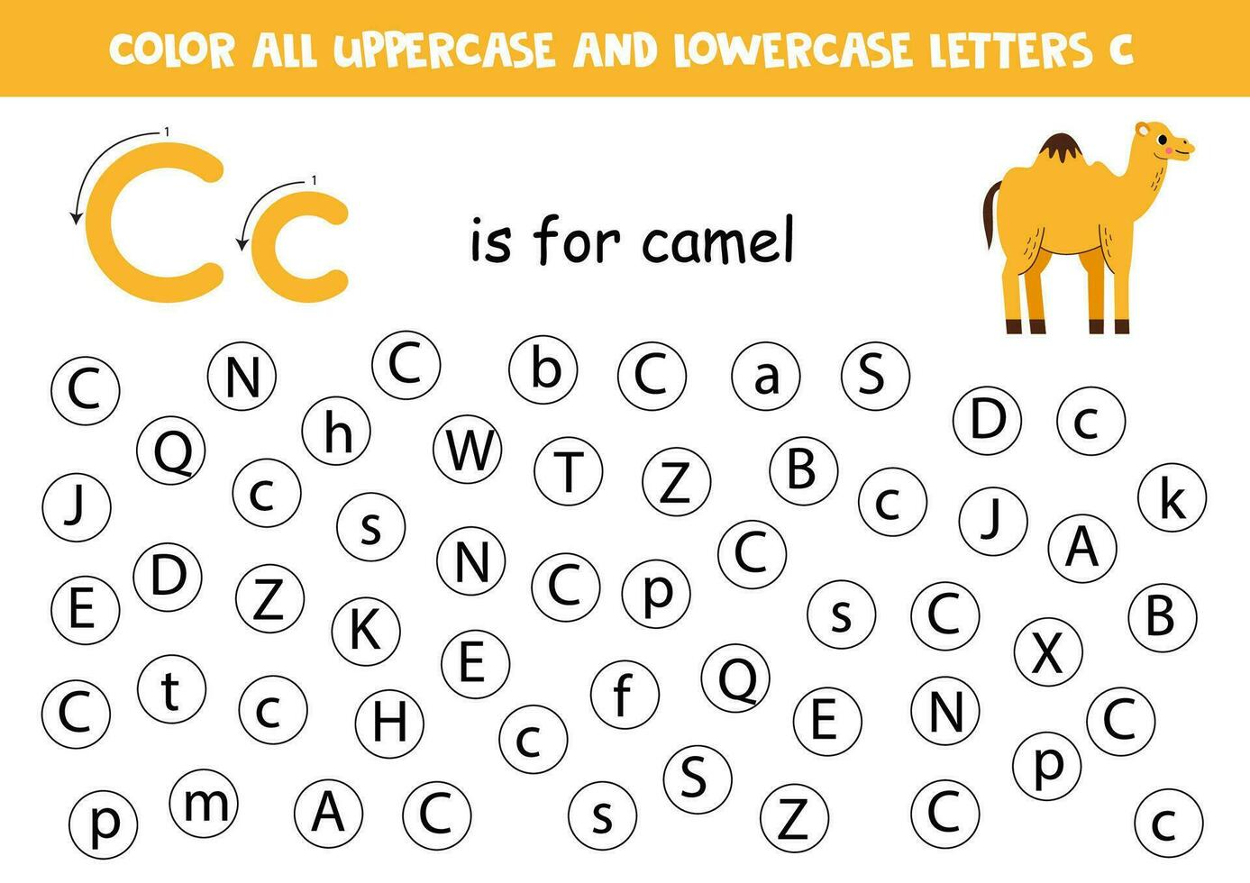 vind en punt allemaal brieven c. leerzaam werkblad voor aan het leren alfabet. schattig kameel. vector
