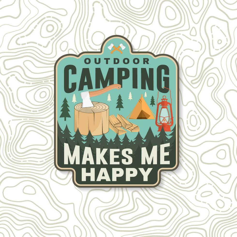 buitenshuis camping maken me gelukkig. vector. concept voor overhemd of logo, afdrukken, postzegel of tee. wijnoogst typografie ontwerp met lantaarn en bijl in stomp silhouet. vector