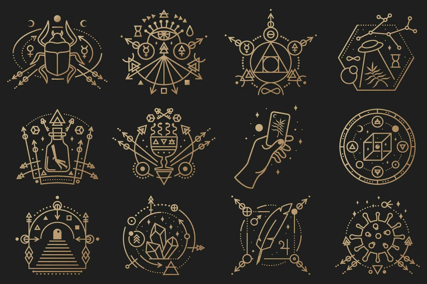 esoterisch symbolen. vector. mysticus, magie ontwerp met scarabee kever, coronavirus, kubus, ufo vliegen, maan. vector