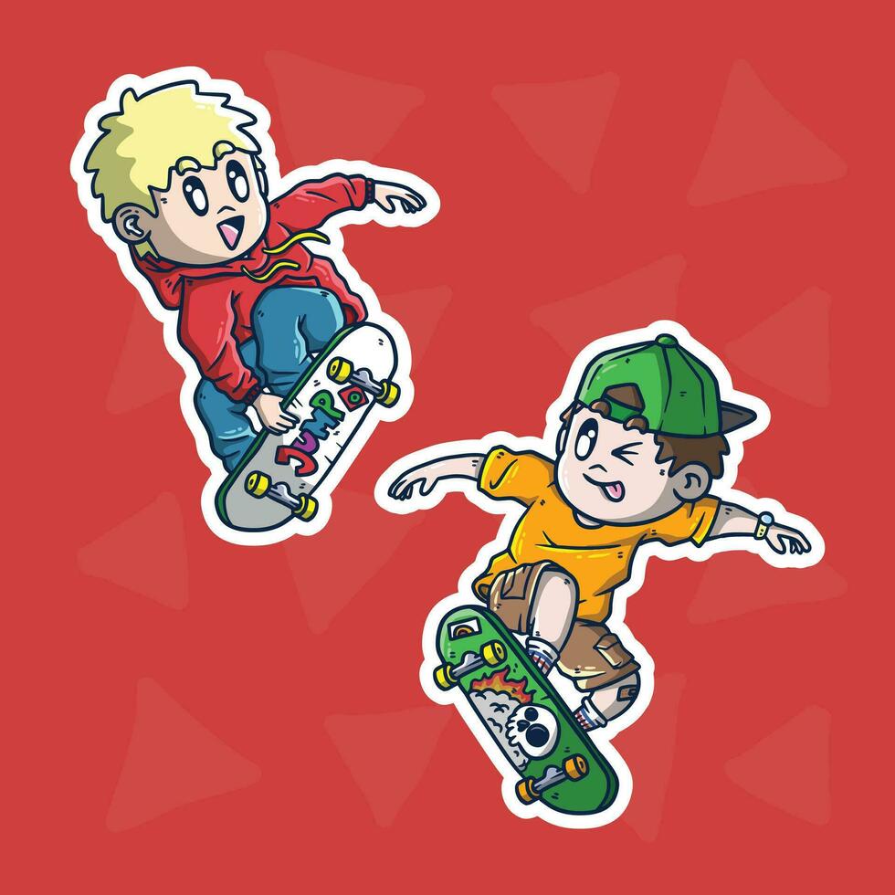 reeks van schattig schaatser Doen de skateboard truc tekenfilm vector illustratie. schaatser mascotte illustratie set.