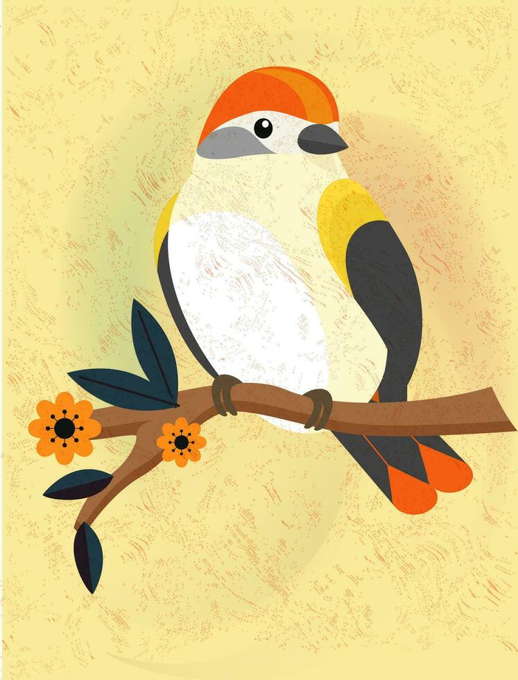 neerstrijken vogel staand Aan een boom Afdeling met oranje achtergrond. waterverf schilderij Aan klassiek decor. vector