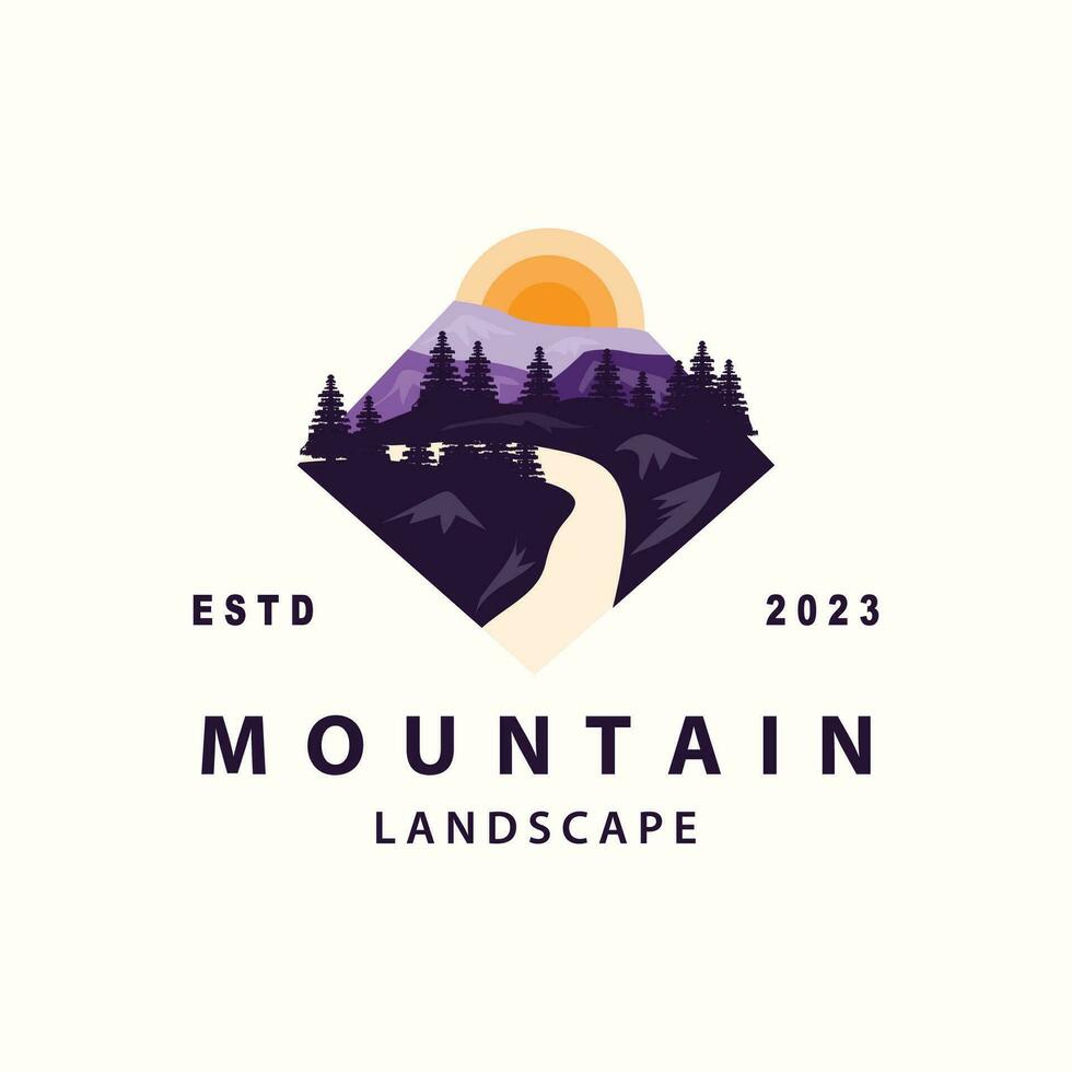 landschap logo natuur avontuur ontwerp berg en rivier- luxe vector illustratie