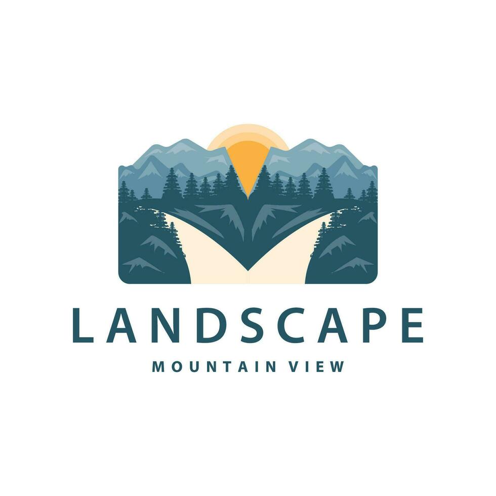 landschap logo natuur avontuur ontwerp berg en rivier- luxe vector illustratie