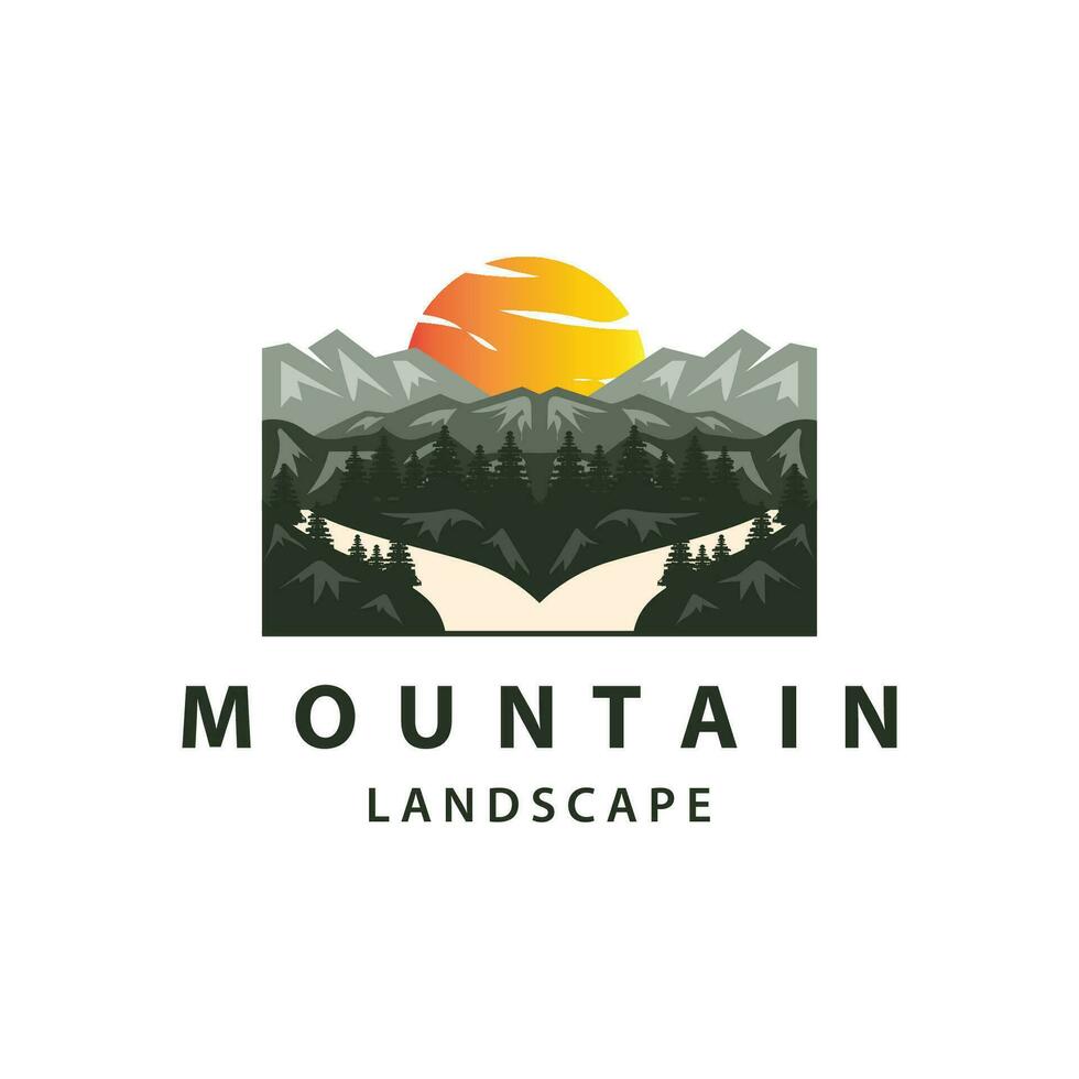 landschap logo natuur avontuur ontwerp berg en rivier- luxe vector illustratie