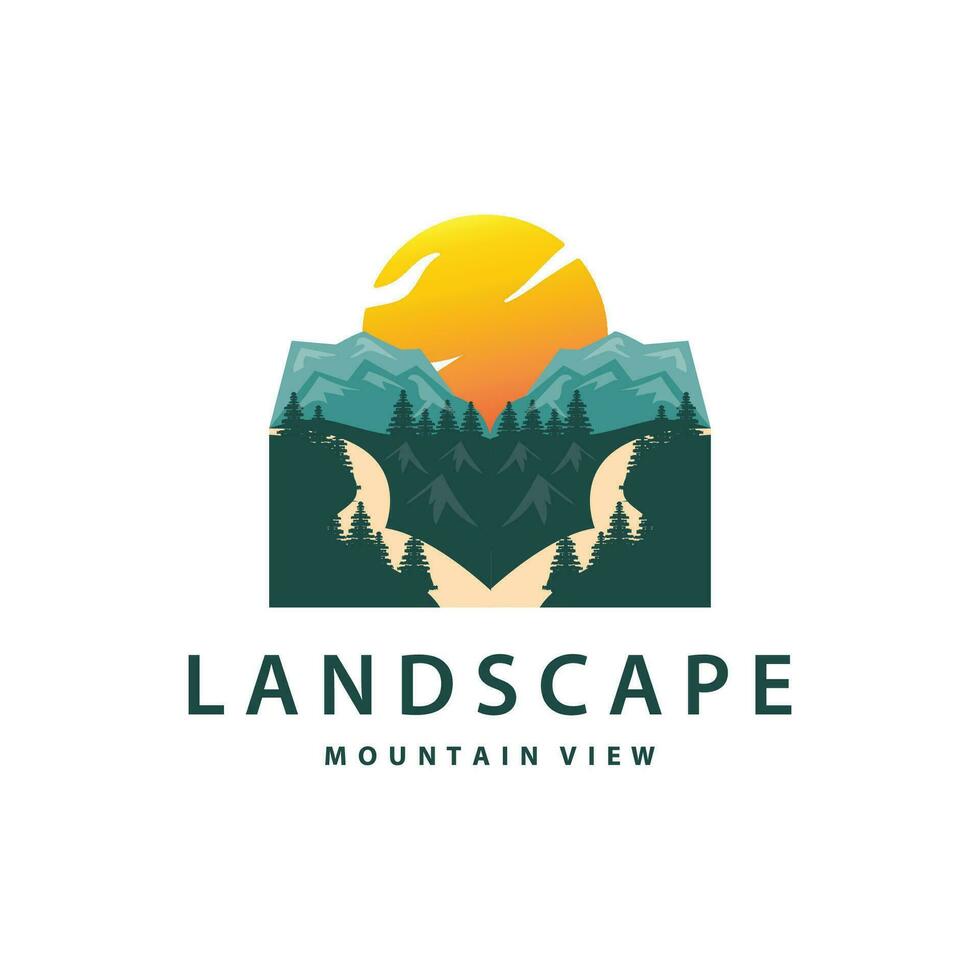 landschap logo natuur avontuur ontwerp berg en rivier- luxe vector illustratie