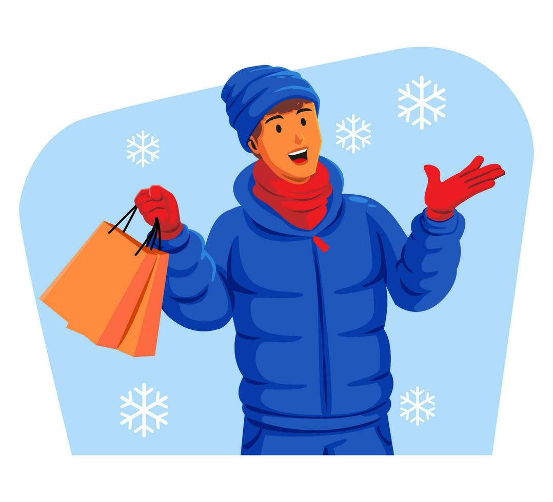 Mens in een winter jasje met winter hoed en sjaal Holding boodschappen doen Tassen vector